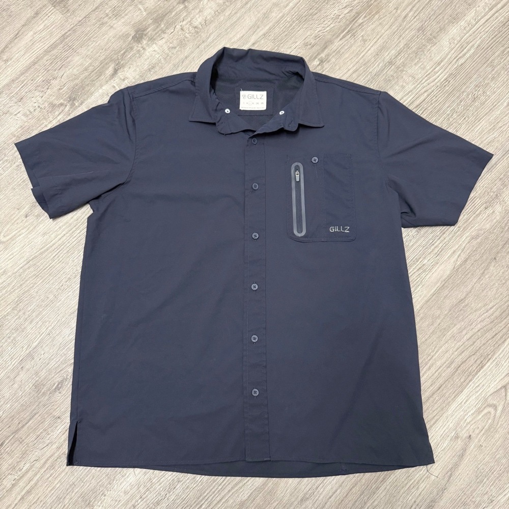 Gillz Mens Large Navy Blue Short Sleeve Fishing Shirt Button Up Performance